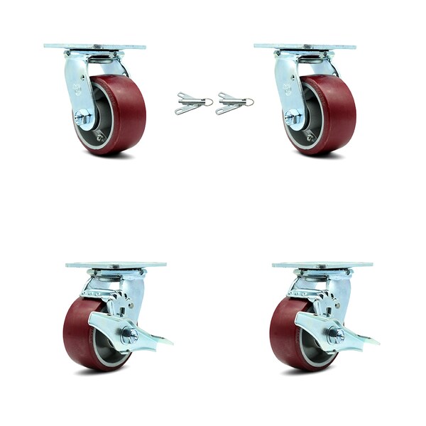 4 Inch Poly on Aluminum Caster Set with Roller Bearing 2 Swivel Lock 2 Brake SCC